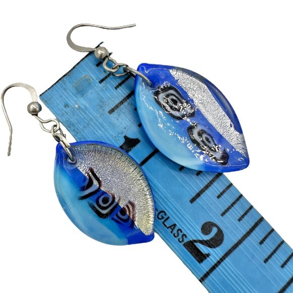 Handcrafted Fused Glass Necklace Earrings Set Blue Abstract Design Sheer Ribbon - Picture 13 of 13